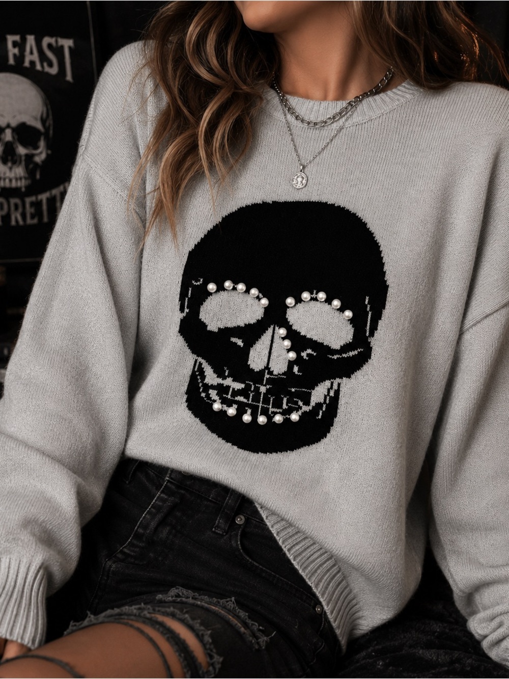 Vigoss Women’s Gray Rhinestone Skull Goth Grunge Knit Sweater XL